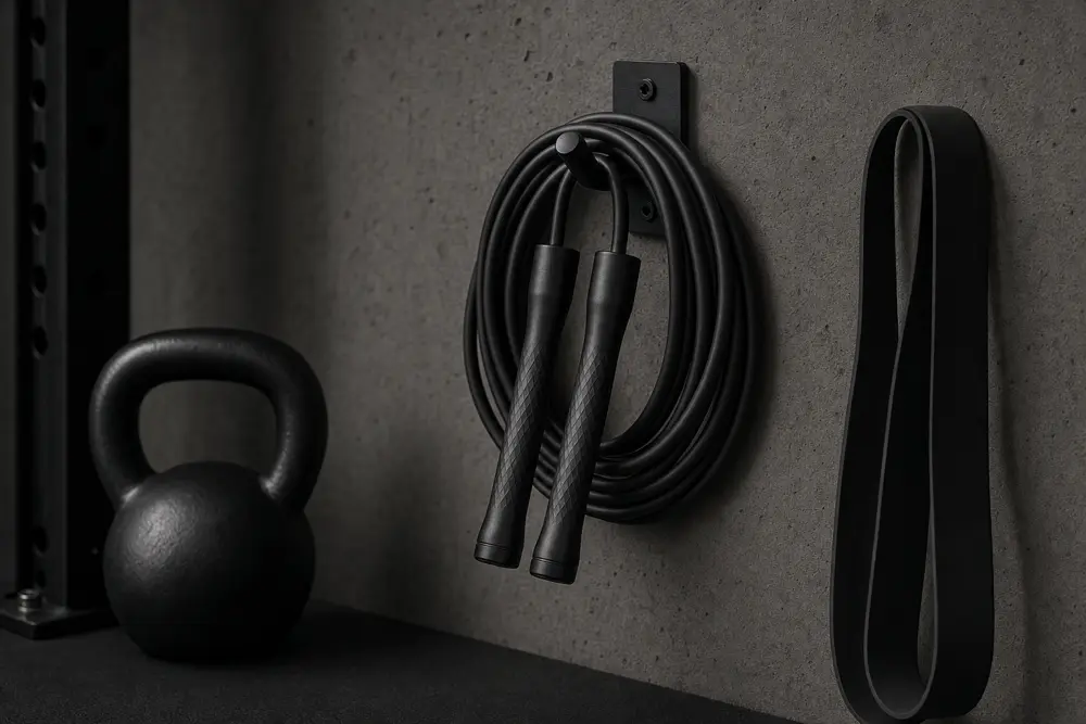 Home gym corner set up for weighted jump rope training