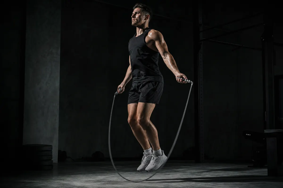 Athlete performing a jump rope workout with the Ironpace weighted jump rope in a dark gym