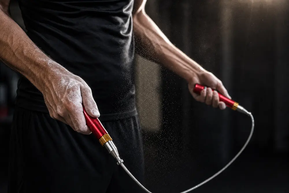 Hands gripping the Ironpace jump rope handles mid-swing, ball bearing and cable in motion
